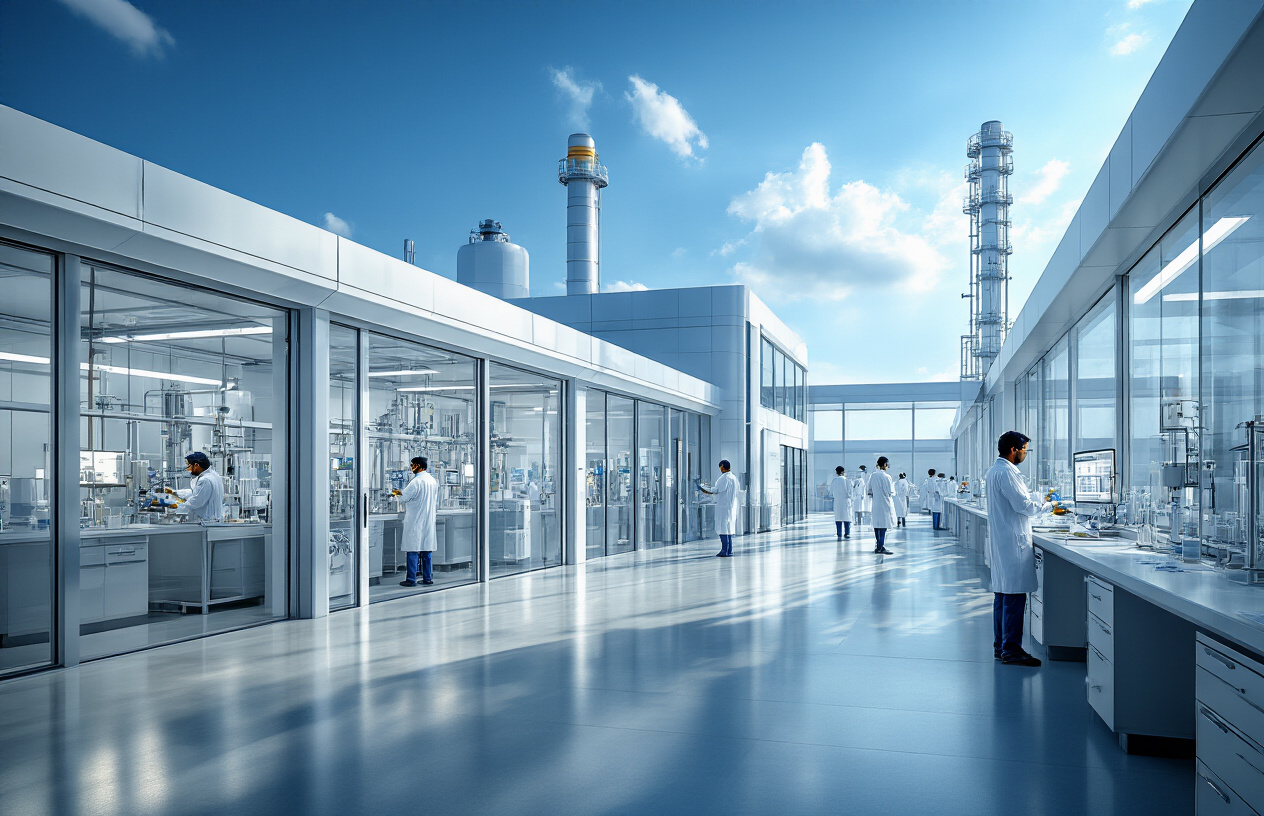 Create a realistic image of a modern pharmaceutical manufacturing facility with sleek industrial buildings, clean production equipment visible through large windows, Indian professionals in white lab coats and safety gear working in the background, conveying trust and quality, bright natural lighting with blue sky, representing success and reliability in the pharmaceutical industry, absolutely NO text should be in the scene.