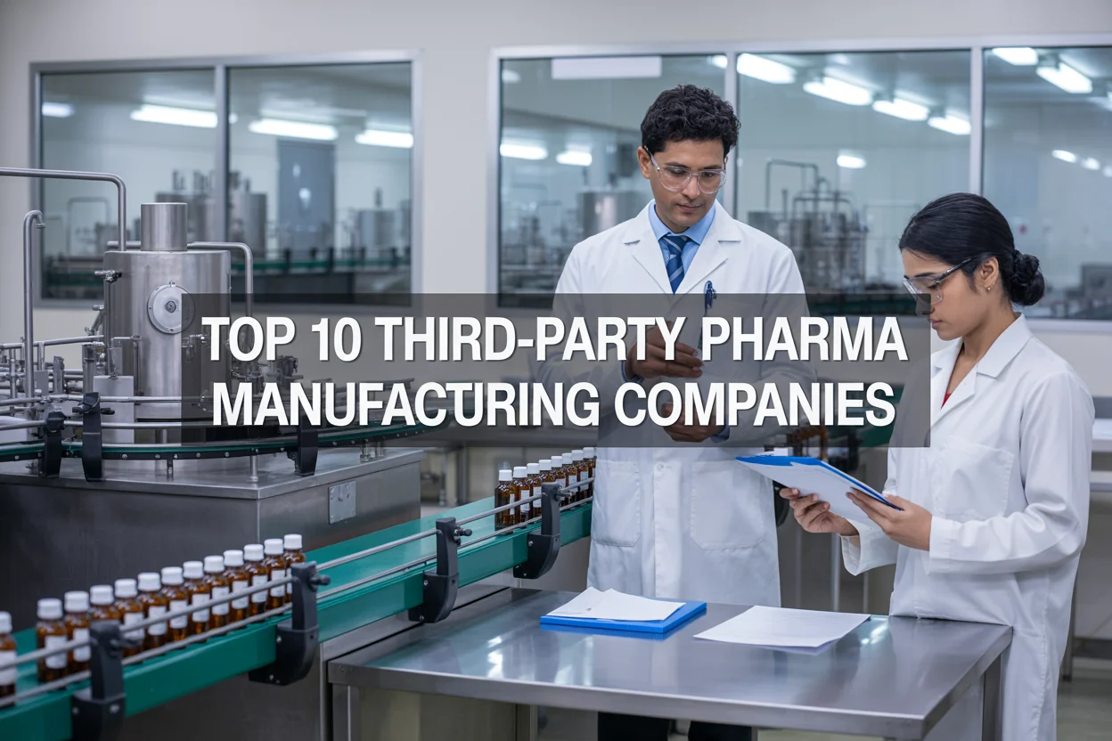 Top 10 Third-Party Pharma Manufacturing Companies in India Create a realistic image of a modern pharmaceutical manufacturing facility in India with stainless steel production equipment, conveyor belts with medicine bottles, and quality control stations in the foreground, featuring two professionals - one Indian male scientist in a white lab coat examining pharmaceutical products and one Indian female quality inspector checking documentation, with large windows showing additional manufacturing units in the background, clean industrial lighting, and the text "Top 10 Third-Party Pharma Manufacturing Companies" prominently displayed as an overlay banner.